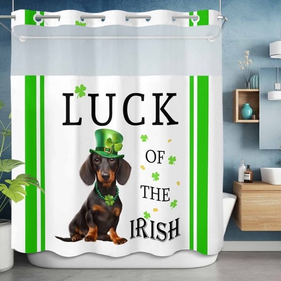No Hooks Shower Curtain with Snap in Fabric Liner Set, St. Patrick's Day Irish Luck Dog Shower Curtains Waterproof Bathroom Curtain with See Through Top Window,Hotel Style,72x72in White Back