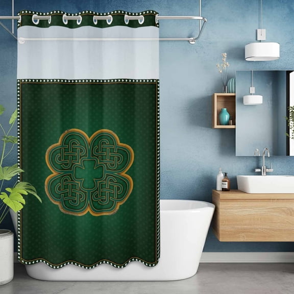 No Hooks Shower Curtain with Snap in Fabric Liner Set, St. Patrick's Day Luck Leaf Shower Curtains Waterproof Bathroom Curtain with See Through Top Window,Hotel Style,36x72in Dark Green Four Leaves