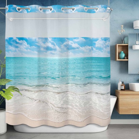 No Hooks Shower Curtain with Snap in Fabric Liner Set, Summer Beach Blue Ocean Waves Shower Curtains Waterproof Bathroom Curtain with See Through Top Window,Hotel Style,72x72in Coastal Nautical Style