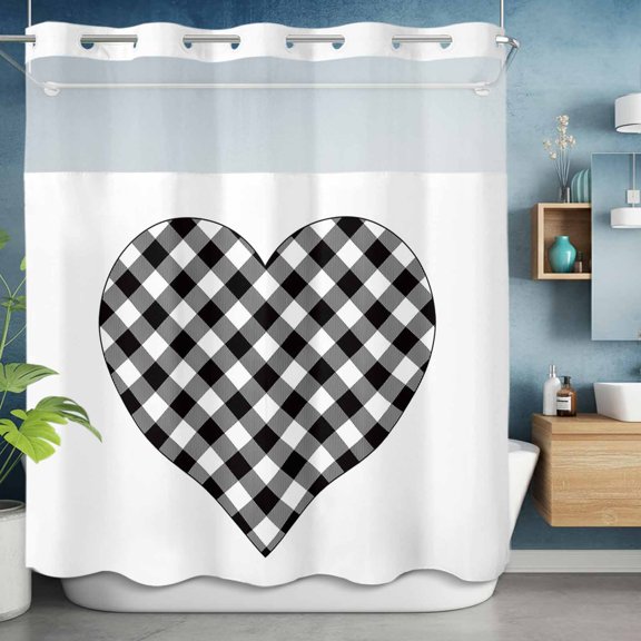 No Hooks Shower Curtain with Snap in Fabric Liner Set, Valentine's Day Romantic Love Shower Curtains Waterproof Bathroom Curtain with See Through Top Window,Hotel Style,72x72in Black and White Plaid