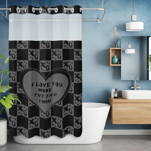 No Hooks Shower Curtain with Snap in Fabric Liner Set, Valentine's Day XO Love Heart Shower Curtains Waterproof Bathroom Curtain with See Through Top Window,Hotel Style,36x72in Grey and Black Check