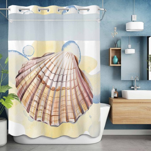 No Hooks Shower Curtain with Snap in Fabric Liner Set, Watercolor Sea Ocean Shell Shower Curtains Waterproof Bathroom Curtain with See Through Top Window,Hotel Style,60x72in Abstract Marine Life