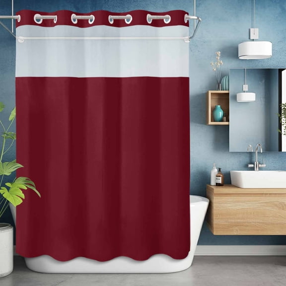 No Hooks Shower Curtain with Snap in Fabric Liner Set, Wine Red Dark Maroon Shower Curtains Waterproof Bathroom Curtain with See Through Top Window,Hotel Style,60x72in Burgundy Red