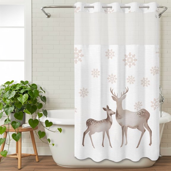 No Hooks Shower Curtain with Snap in Fabric Liner Set, Winter Christmas Reindeer Shadow Shower Curtains Waterproof Bathroom Curtain with See Through Top Window,Hotel Style,36x72in Snowflakes on Ivory