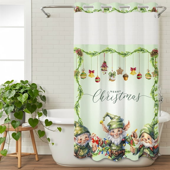 No Hooks Shower Curtain with Snap in Fabric Liner Set, Winter Green Elf Shower Curtains Waterproof Bathroom Curtain with See Through Top Window,36x72in Christmas Bell Star Pinecone Ball Ornament