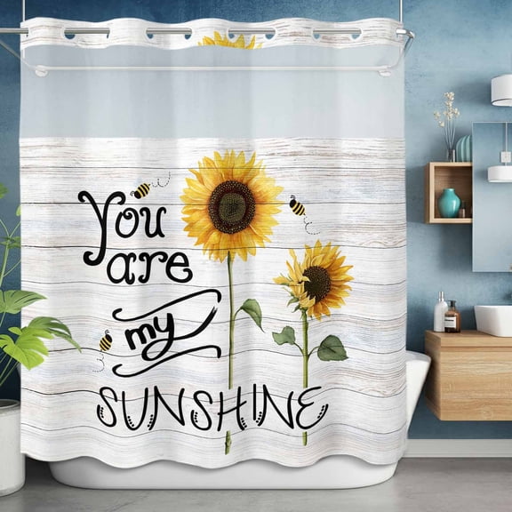 No Hooks Shower Curtain with Snap in Fabric Liner Set, You Are My Sunshine Words Shower Curtains Waterproof Bathroom Curtain with See Through Top Window,Hotel Style,72x72in Farm Sunflowers Bees