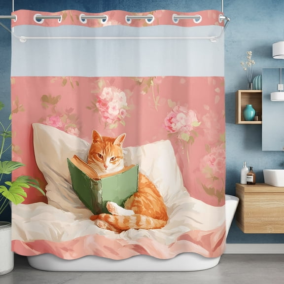 No Hooks Shower Curtain with Snap in Liner Set, Ginger Cat Reading Book Shower Curtains Waterproof Bathroom Curtain with See Through Top Window,Hotel Style,72x72in Funny Animal Pink Blossom Flower