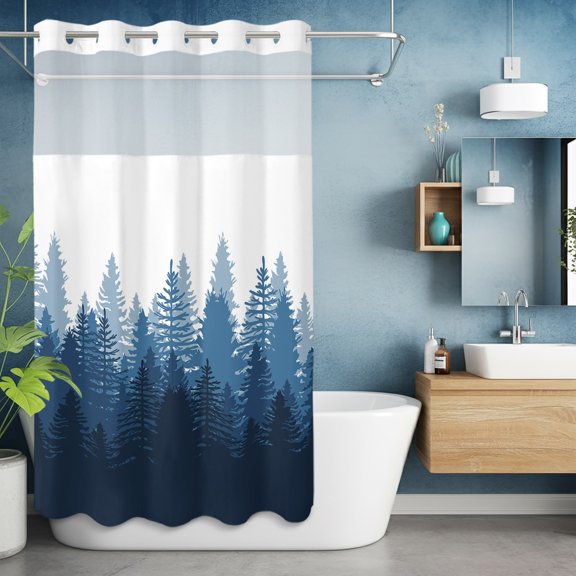 No Hooks Shower Curtain with Snap in Liner Set, Modern Art Forest Trees Shadow Shower Curtains Waterproof Bathroom Curtain with See Through Top Window,Hotel Style,36x72in Gradient Black Blue on White