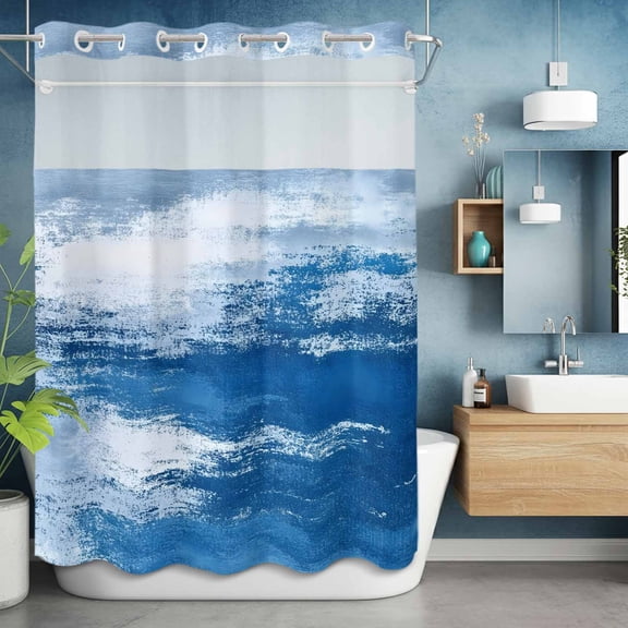 No Hooks Shower Curtain with Snap, Modern Omber Blue Art Oil Panting Shower Curtains Waterproof Bathroom Curtain with See Through Top Window,Hotel Style,60x72in Summer Cerulean Sky