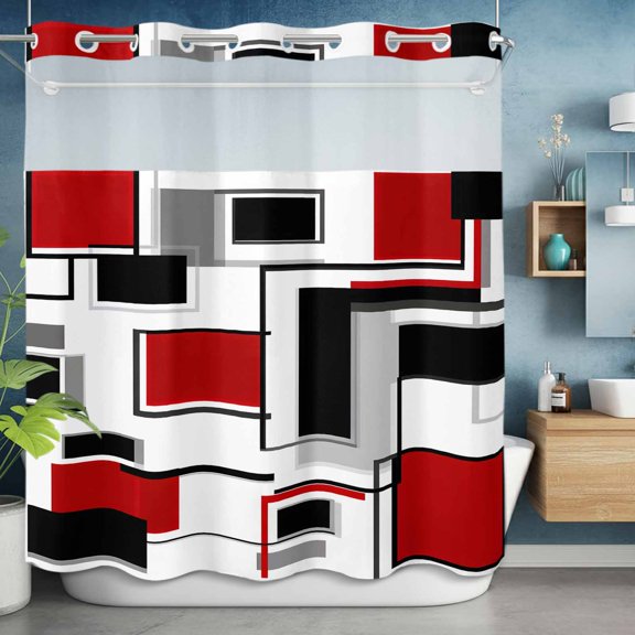No Hooks Shower Curtain with Snap, Red Geometric Abstract Color Block Shower Curtains Waterproof Bathroom Curtain with See Through Top Window,Hotel Style,72x72in Irregular Stripe Gray Gradient