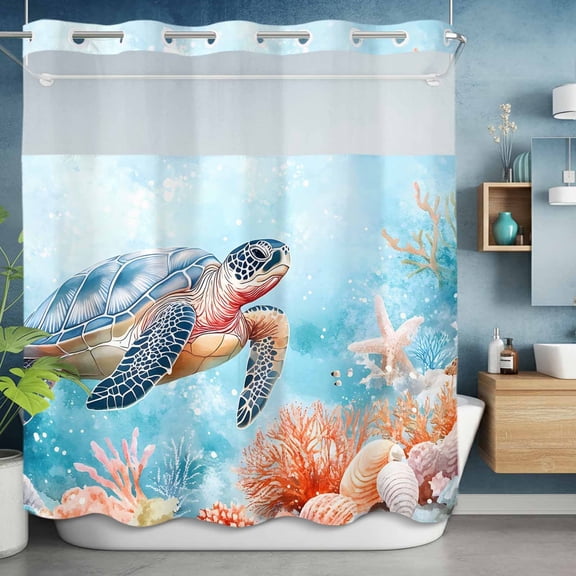 No Hooks Shower Curtain with Snap, Sea Turtle Shell Starfish Coral Shower Curtains Waterproof Bathroom Curtain with See Through Top Window,Hotel Style,72x72in Blue Ocean Marine Life