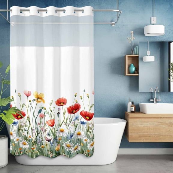 No Hooks Shower Curtain with Snap, Spring Colorful Wild Flowers Shower Curtains Waterproof Bathroom Curtain with See Through Top Window,Hotel Style,36x72in Pastoral Watercolor Daisy Bud