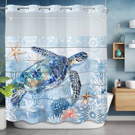 No Hooks Shower Curtain with Snap, Summer Sea Turtle Starfish Blue Coral Shower Curtains Waterproof Bathroom Curtain with See Through Top Window,Hotel Style,72x72in Marine Animals Underwater World
