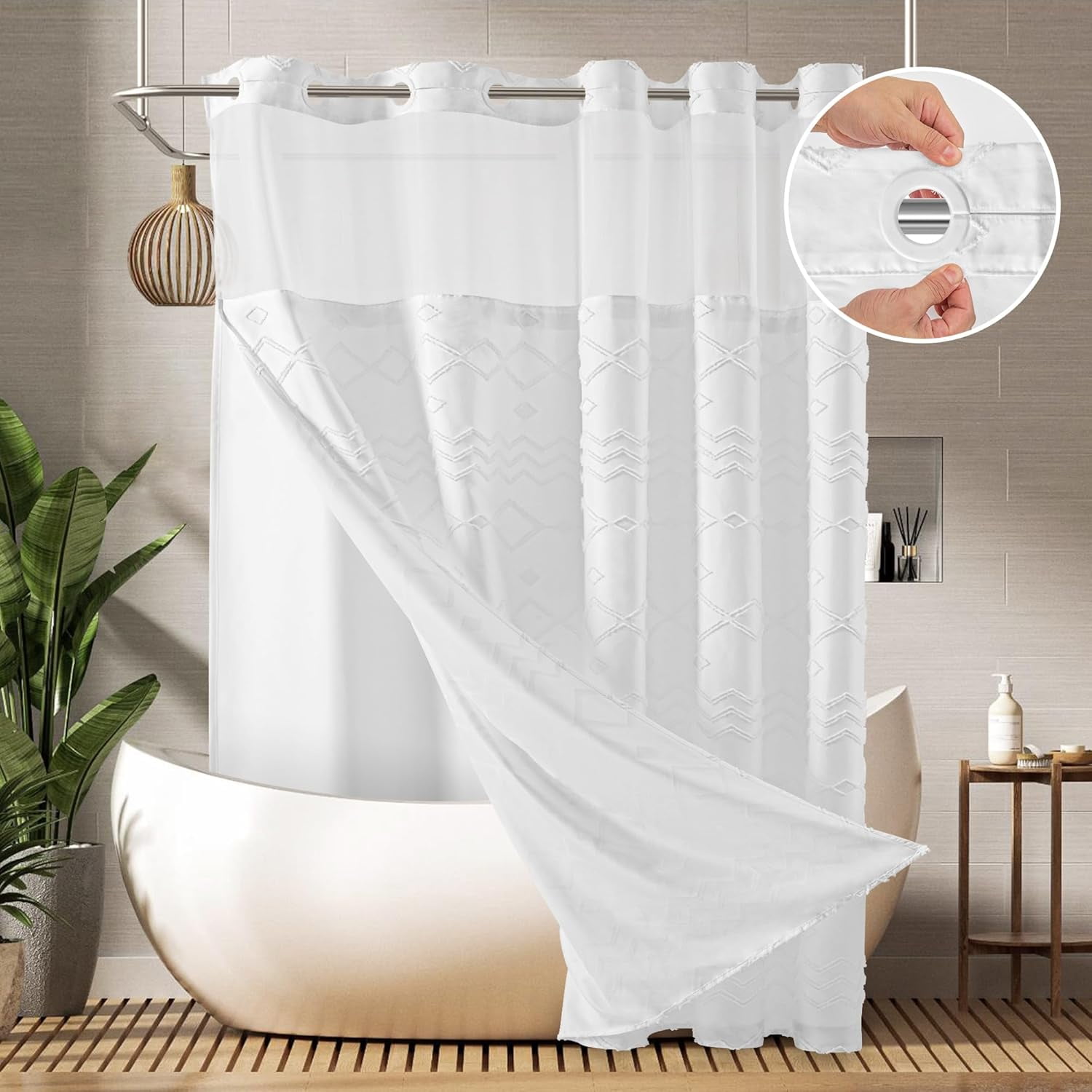 No Hooks Shower Curtain with Snapin Liner, White Boho Fabric Tufted