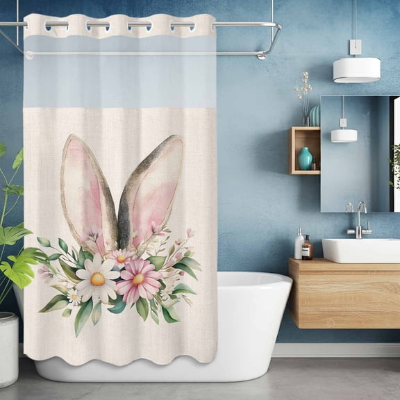 No Hooks Shower Curtain, Spring Easter Cute Rabbit Ear Shower Curtains Waterproof Bathroom Curtain with See Through Top Window,Hotel Style,36x72in Flower Leaves Plant on Burlap