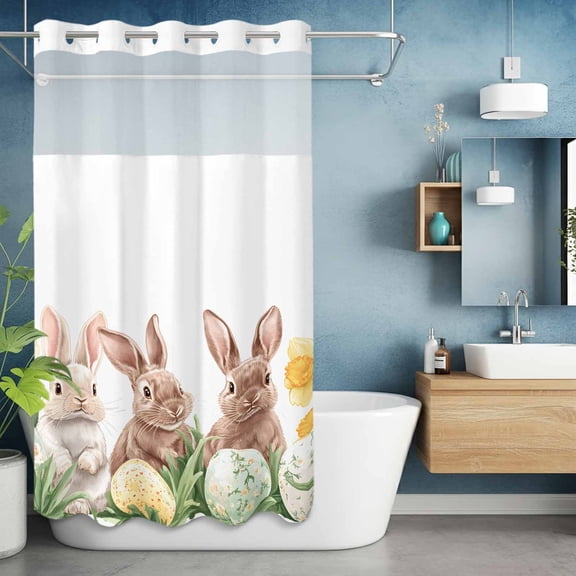 No Hooks Shower Curtain, Spring Easter Egg Farm Rabbit Shower Curtains Waterproof Bathroom Curtain with See Through Top Window,Hotel Style,36x72in Pastoral Yellow Flower Green Leaf