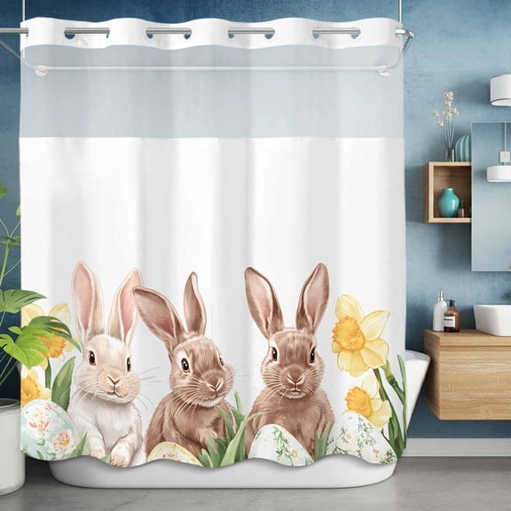 No Hooks Shower Curtain, Spring Easter Egg Farm Rabbit Shower Curtains Waterproof Bathroom Curtain with See Through Top Window,Hotel Style,72x72in Pastoral Yellow Flower Green Leaf