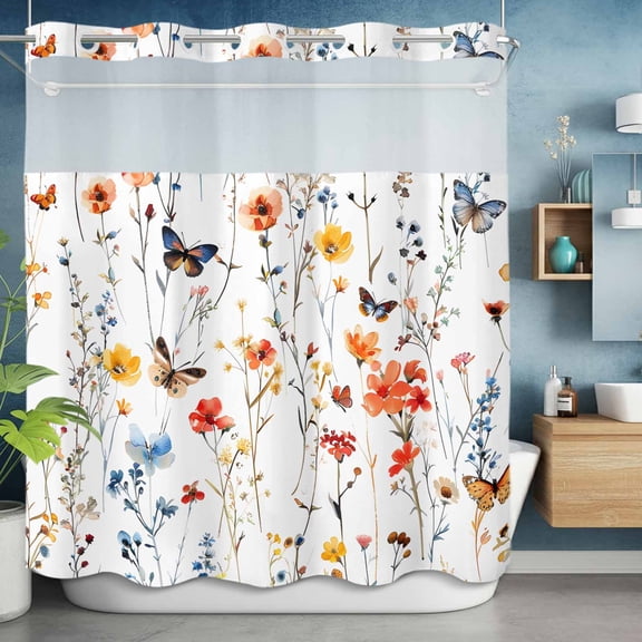 No Hooks Shower Curtain, Spring Garden Flower Butterfly Shower Curtains Waterproof Bathroom Curtain with See Through Top Window,Hotel Style,72x72in Pastoral Floral on White