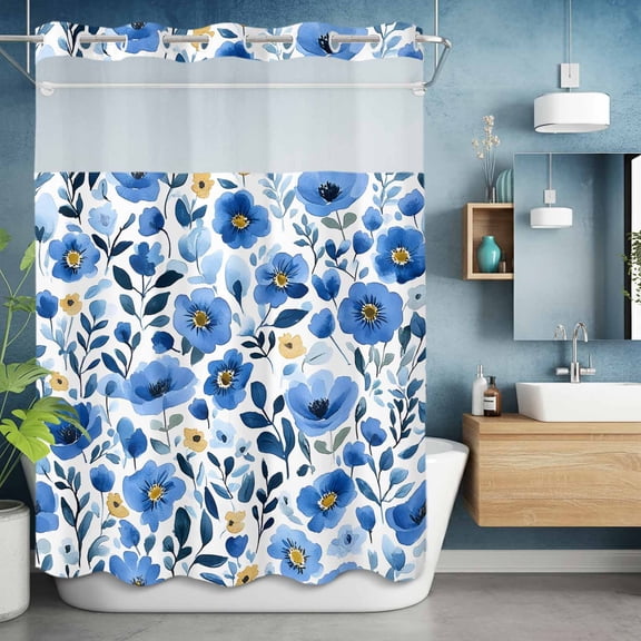 No Hooks Shower Curtain, Spring Watercolor Blossom Floral Shower Curtains Waterproof Bathroom Curtain with See Through Top Window,Hotel Style,60x72in Garden Blue Yellow Flower