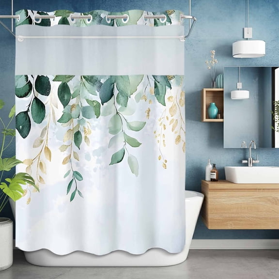 No Hooks Shower Curtain, Spring Watercolor Eucalyptus Leaves Shower Curtains Waterproof Bathroom Curtain with See Through Top Window,Hotel Style,60x72in Summer Hanging Leaf