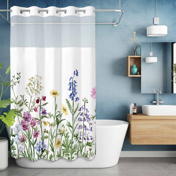No Hooks Shower Curtain, Spring Watercolor Natural Flower Shower Curtains Waterproof Bathroom Curtain with See Through Top Window,Hotel Style,36x72in Blossom Floral on White