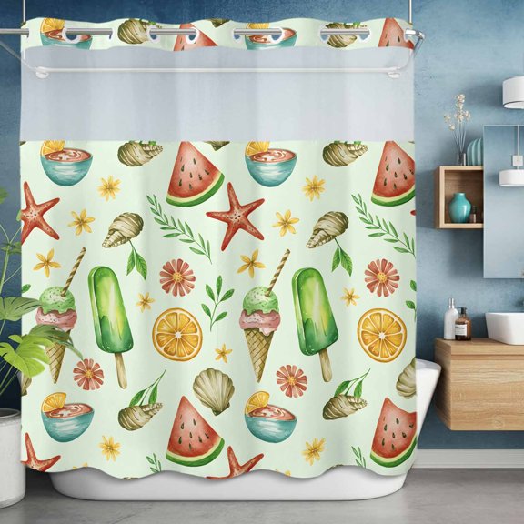 No Hooks Shower Curtain, Summer Ice Cream Watermelon Dessert Shower Curtains Waterproof Bathroom Curtain with See Through Top Window,Hotel Style,72x72in Ocean Shell Starfish