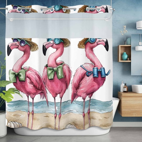 No Hooks Shower Curtain, Summer Seaside Beach Flamingo Shower Curtains Waterproof Bathroom Curtain with See Through Top Window,Hotel Style,72x72in Watercolor Shell Hat Bow