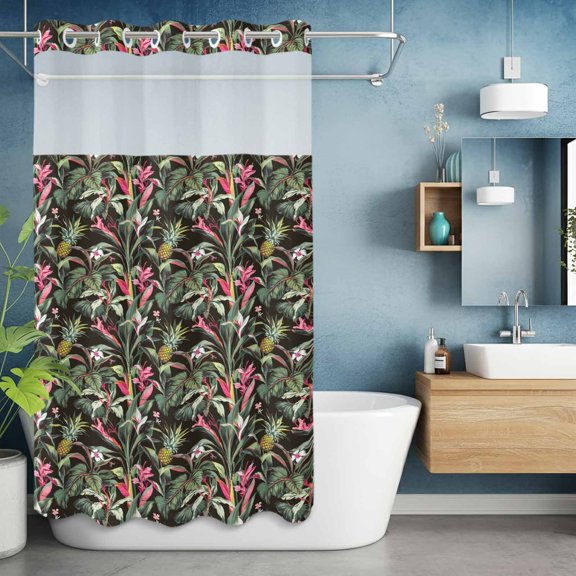 No Hooks Shower Curtain, Summer Tropical Fruit Pineapple Shower Curtains Waterproof Bathroom Curtain with See Through Top Window,Hotel Style,36x72in Jungle Green Plant on Black