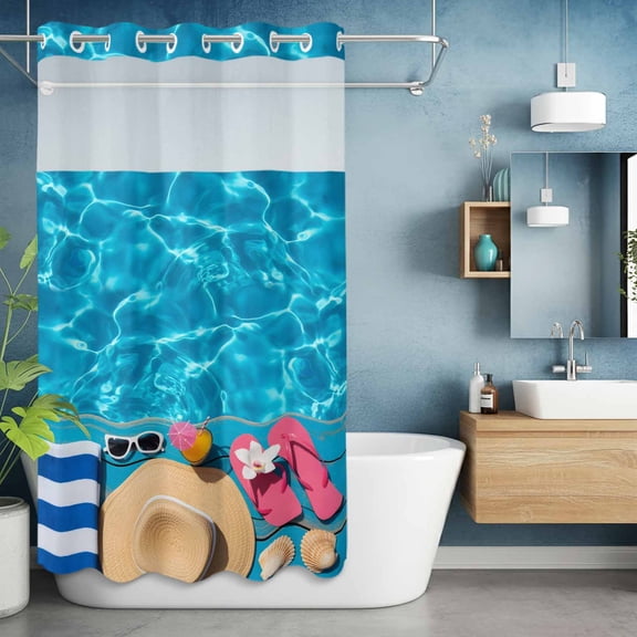 No Hooks Shower Curtain, Swimming Pool Water Ripple Shower Curtains Waterproof Bathroom Curtain with See Through Top Window,Hotel Style,36x72in Summer Slippers Sunglasses Blue