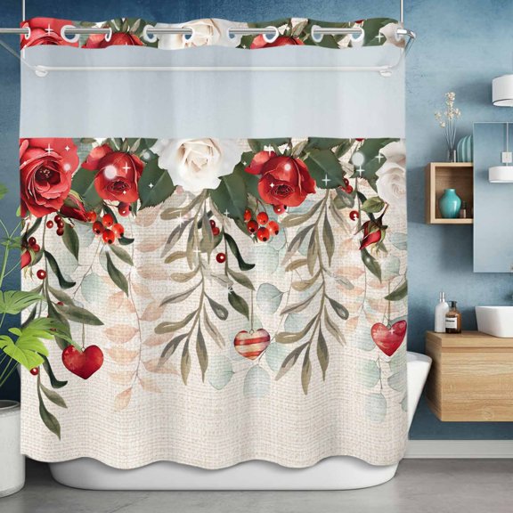 No Hooks Shower Curtain, Valentine Romantic Rose Foliage Shower Curtains Waterproof Bathroom Curtain with See Through Top Window,Hotel Style,72x72in Love Heart Vintage Linen