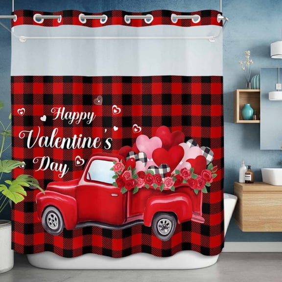No Hooks Shower Curtain, Valentine Truck with Romantic Rose Love Heart Shower Curtains Waterproof Bathroom Curtain with See Through Top Window,Hotel Style,72x72in Buffalo Black Red Check