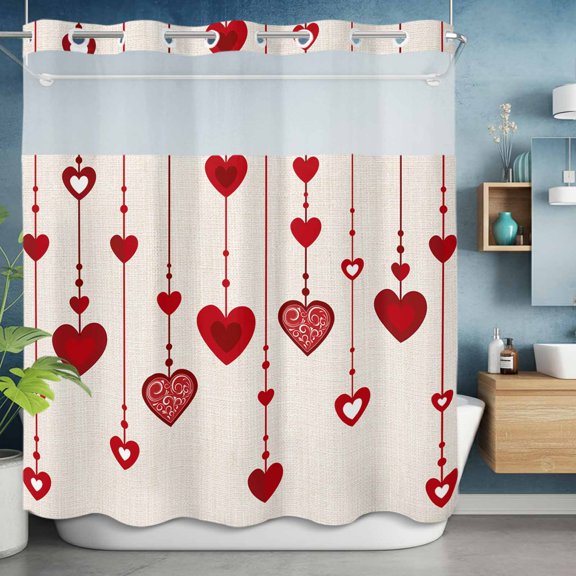 No Hooks Shower Curtain, Valentine's Day Love Romantic Heart Pendant Shower Curtains Waterproof Bathroom Curtain with See Through Top Window,Hotel Style,72x72in Retro Linen
