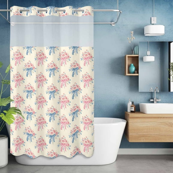 No Hooks Shower Curtain, Valentine's Day Pink Rose Bouquet Shower Curtains Waterproof Bathroom Curtain with See Through Top Window,Hotel Style,36x72in Romance Floral Seamless