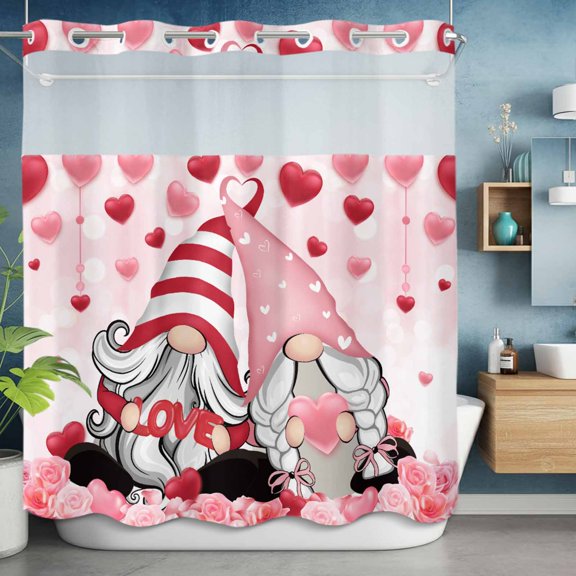 No Hooks Shower Curtain, Valentine's Day Romantic Gnome Couple Shower Curtains Waterproof Bathroom Curtain with See Through Top Window,Hotel Style,72x72in Love Heart Rose Flower