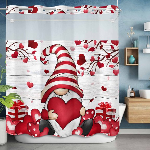 No Hooks Shower Curtain, Valentine's Day Romantic Gnome with Gift Shower Curtains Waterproof Bathroom Curtain with See Through Top Window,Hotel Style,72x72in Love Heart Branch Wooden