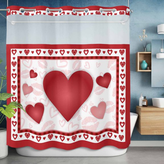 No Hooks Shower Curtain, Valentine's Day Romantic Love Heart Shower Curtains Waterproof Bathroom Curtain with See Through Top Window,Hotel Style,72x72in Kiss Lips Texture Red White