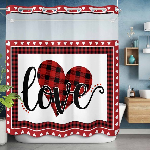 No Hooks Shower Curtain, Valentine's Day Romantic Love Heart Shower Curtains Waterproof Bathroom Curtain with See Through Top Window,Hotel Style,72x72in Red Buffalo Plaid