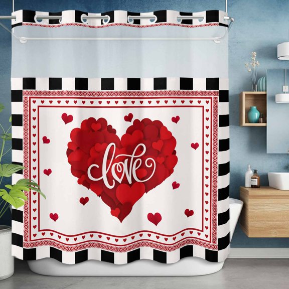 No Hooks Shower Curtain, Valentine's Day Romantic Red Love Heart Shower Curtains Waterproof Bathroom Curtain with See Through Top Window,Hotel Style,72x72in Black White Checkered