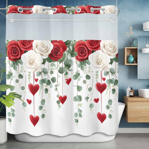 No Hooks Shower Curtain, Valentine's Day Romantic Rose Flower Shower Curtains Waterproof Bathroom Curtain with See Through Top Window,Hotel Style,72x72in Green Eucalyptus Leaves