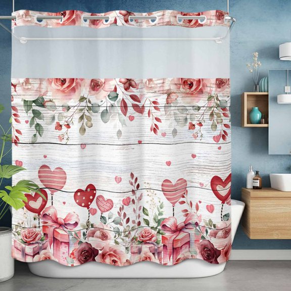 No Hooks Shower Curtain, Valentines Romance Love Heart Rose Shower Curtains Waterproof Bathroom Curtain with See Through Top Window,Hotel Style,72x72in Flower Plant Wooden Grain