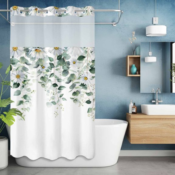 No Hooks Shower Curtain, Watercolor Eucalyptus Leaf on Top Shower Curtains Waterproof Bathroom Curtain with See Through Top Window,Hotel Style,36x72in Country Flowers Daisy