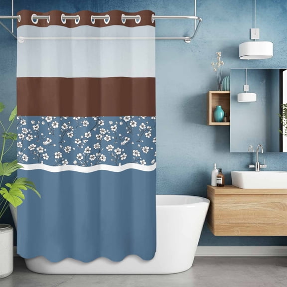 No Hooks Shower Curtain, Watercolor Spring Floral Pattern Shower Curtains Waterproof Bathroom Curtain with See Through Top Window,Hotel Style,36x72in Blue Brown Stitching Art