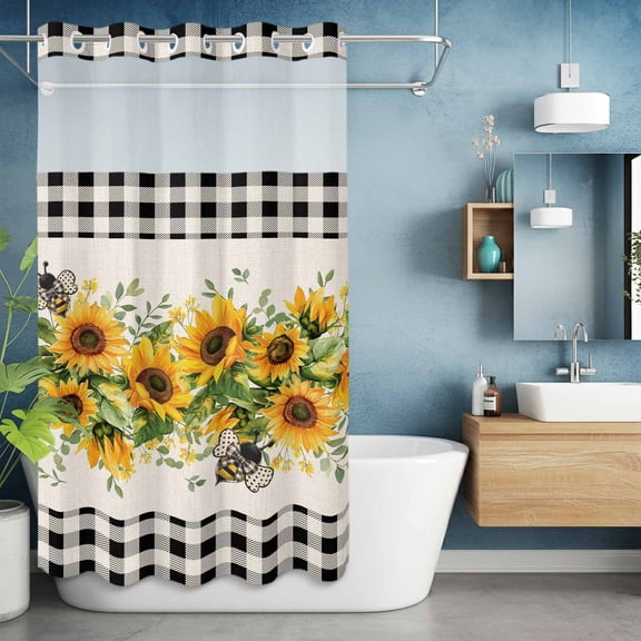 No Hooks Shower Curtain, Watercolor Sunflower Bee Green Leaves Shower Curtains Waterproof Bathroom Curtain with See Through Top Window,Hotel Style,36x72in Black Buffalo Plaid