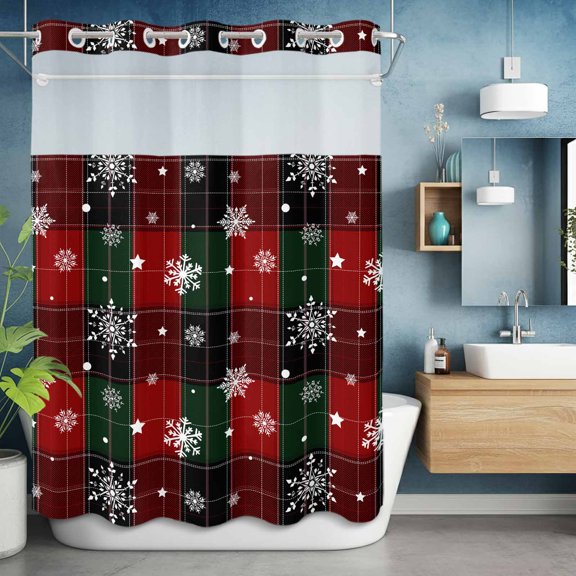 No Hooks Shower Curtain, Winter Snowflake on Buffalo Shower Curtains Waterproof Bathroom Curtain with See Through Top Window,Hotel Style,60x72in Snowy Christmas Classic Checker