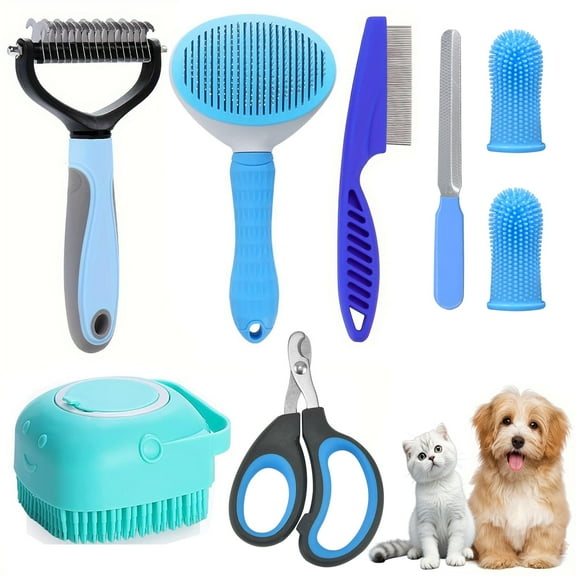 Hoolife Pet Grooming Brush Kit, 8 Pcs for Shedding & Matted Fur, with Flea Comb and Dog Bath Brush, Cat Dog Brush Grooming Kits, Blue