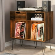 Hoompa Record Player Stand With LED Light Double Wide Turntable Stand with Record Storage and Metal Hairpin Legs Vinyl Record Player Table Cabinet Holds Up to 140-200 Albums Walnut