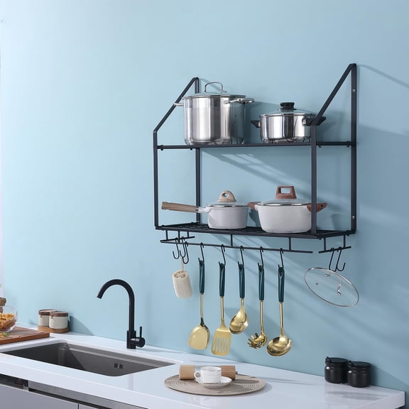 Hoooh 30-Inch Wall Mount Pot Racks - 2-Tier Pot Rack Pan Hanger for Kitchen Storage and Organization - Matte Black Cookware Hanging Shelves with 10 Hooks