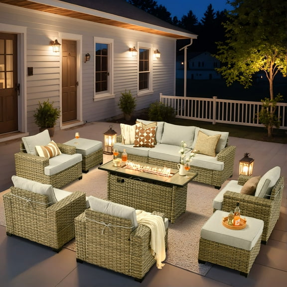 XIZZI 10 Pieces Outdoor Patio Furniture All Weather PE Rattan Conversation Set Waterproof Patio Sectional Sofa Chair Set with Wicker Fire Pit Table for Backyard, Gray