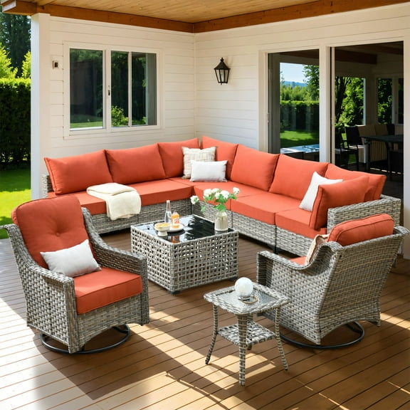 XIZZI 10 Pieces Patio Furniture Wicker Outdoor Conversation Set Rattan Patio Sectional Sofa with Swivel Rocking Chair and Glowing Coffee Table for Porch, Coarse Orange Red