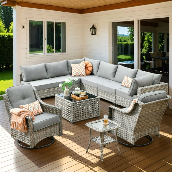XIZZI 10 Pieces Patio Furniture Wicker Outdoor Conversation Set Rattan Patio Sectional Sofa with Swivel Rocking Chair and Glowing Coffee Table for Porch, Dark Gray